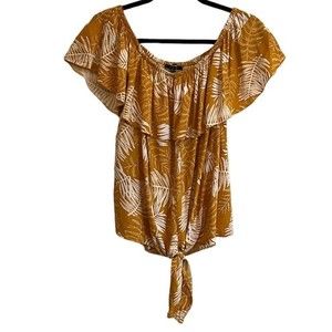 Miss Lili Off Shoulder Leaf Print Top Mustard Yellow & White Women’s 1X